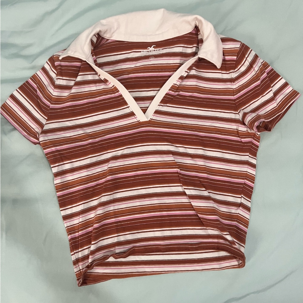 Hollister Orange and Pink Striped V-Neck Tee